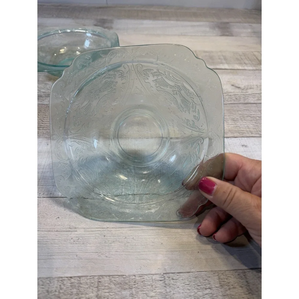 Vintage Aqua Teal Pressed Glass Square Bowl Floral Scroll Pattern Set Of 2 7in